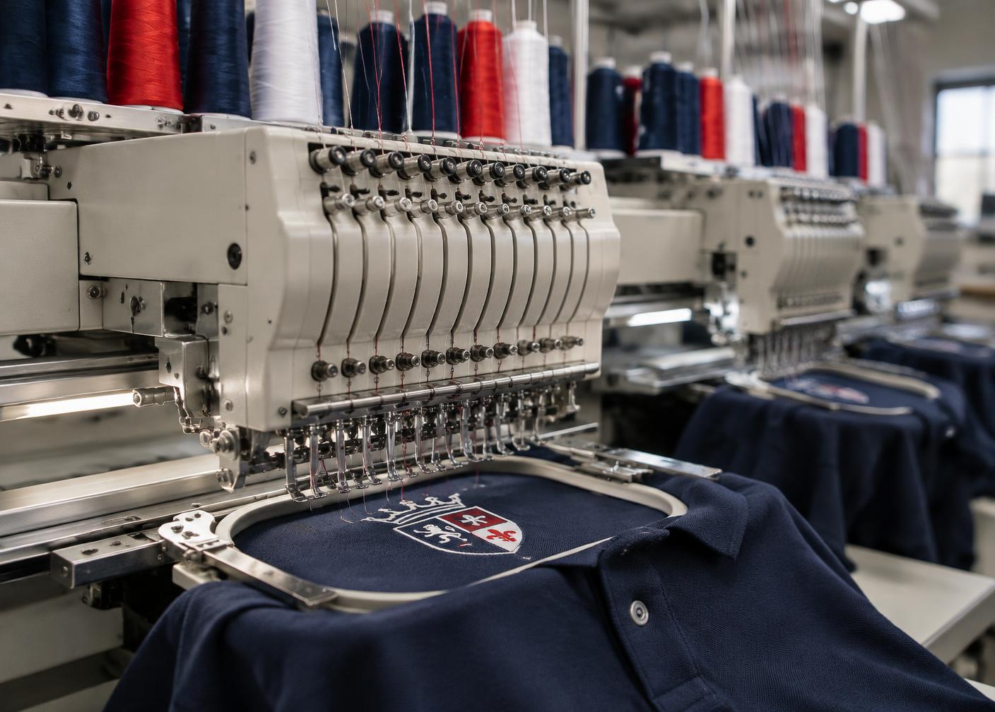 Multi-head embroidery machine stitching a crest onto a navy polo shirt